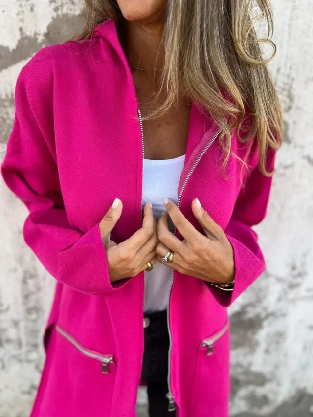 Zip up Hooded Cardigan Coat Fashion Solid Color Pocket Jacket Fall And Winter Women's Coat Clothing Rose Red - Shop at LoveMi