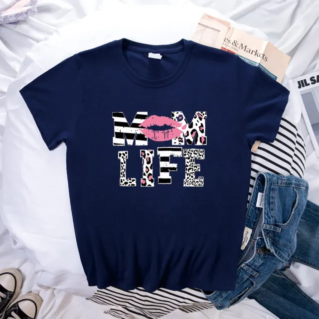 Mother's Day MOM LIFE Leopard Print Lip Printings Round Neck Short Sleeve T shirt Navy - Shop at LoveMi