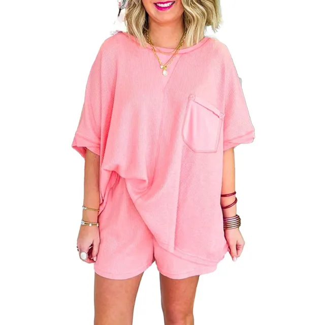 Loose fitting Short Sleeves T shirt Shorts Two piece Set Pink - Shop at LoveMi