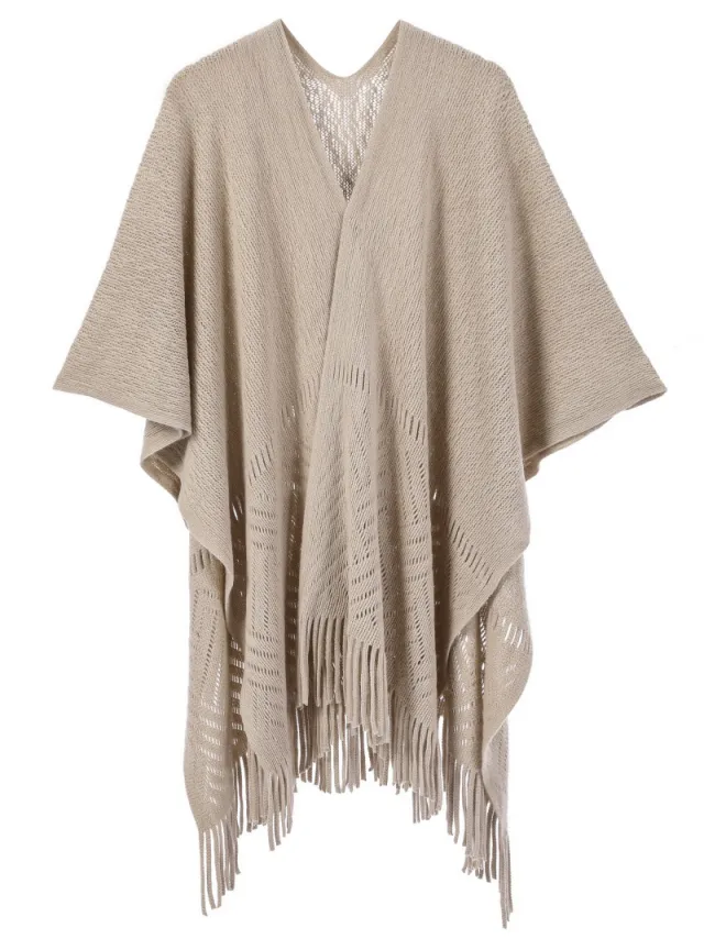 Warp Knitted Solid Color Tassel Thin Hollow Shawl 21 Khaki - Shop at LoveMi