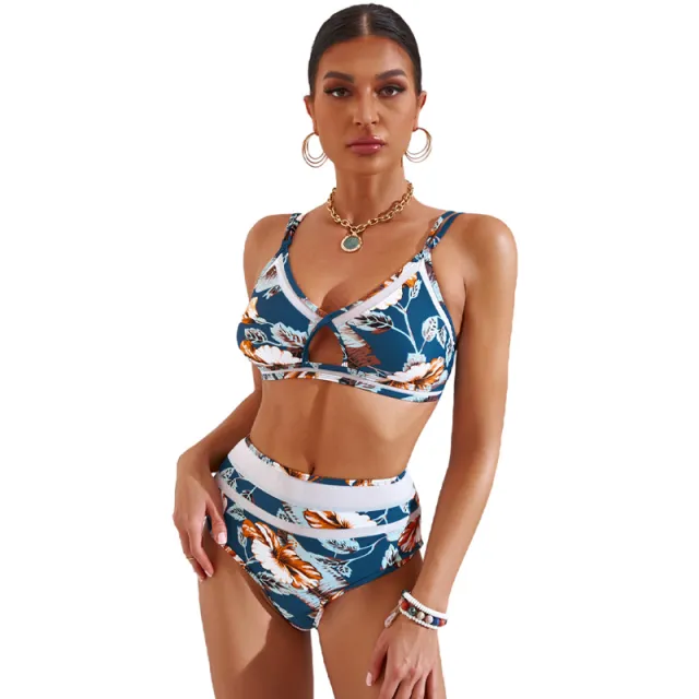 Printed Bikini High Waist Split Swimsuit Green - Shop at LoveMi