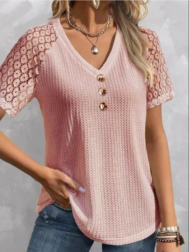 Waffle Casual Solid Color And V neck Button Women's Pullover Lace Pink - Shop at LoveMi