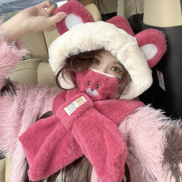 Cute Bear Hat Scarf One Female Winter Earmuffs Rose Red Hat Scarf Mask - Shop at LoveMi