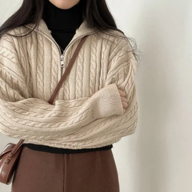 Retro Design Cable knit Pullover Korean Style Zipper Casual Long Sleeve Pullover Top Apricot - Shop at LoveMi