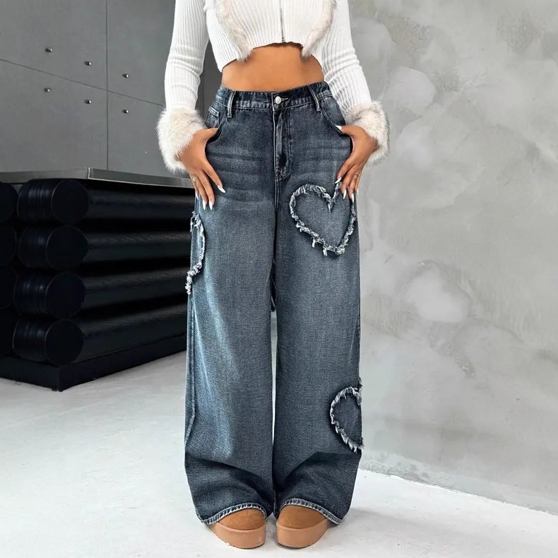 Street-style Washed-and-distressed Loose Straight-leg Pants