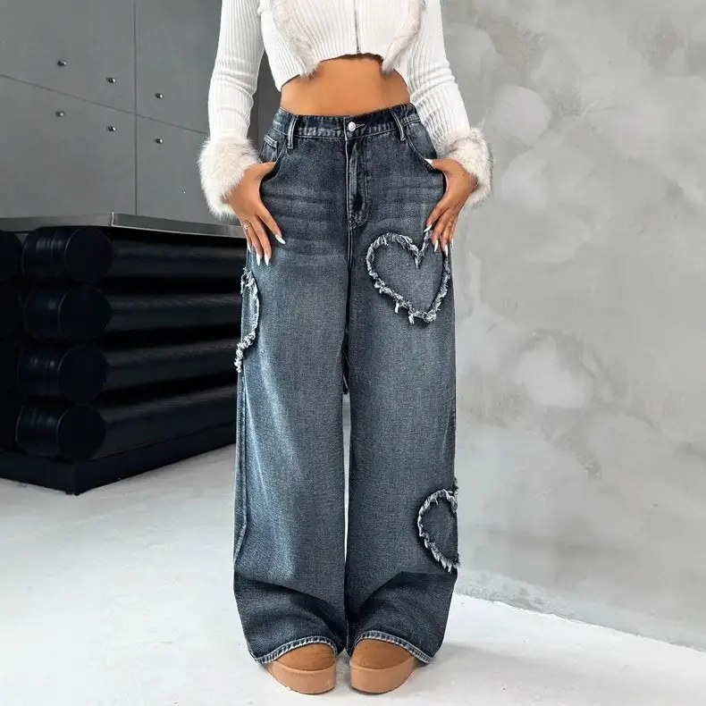 Street-style Washed-and-distressed Loose Straight-leg Pants