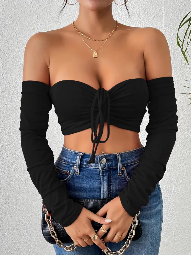 Night Club Style Slimming Waist Drawstring Long sleeved Vest Can Be Worn Outside Black - Shop at LoveMi
