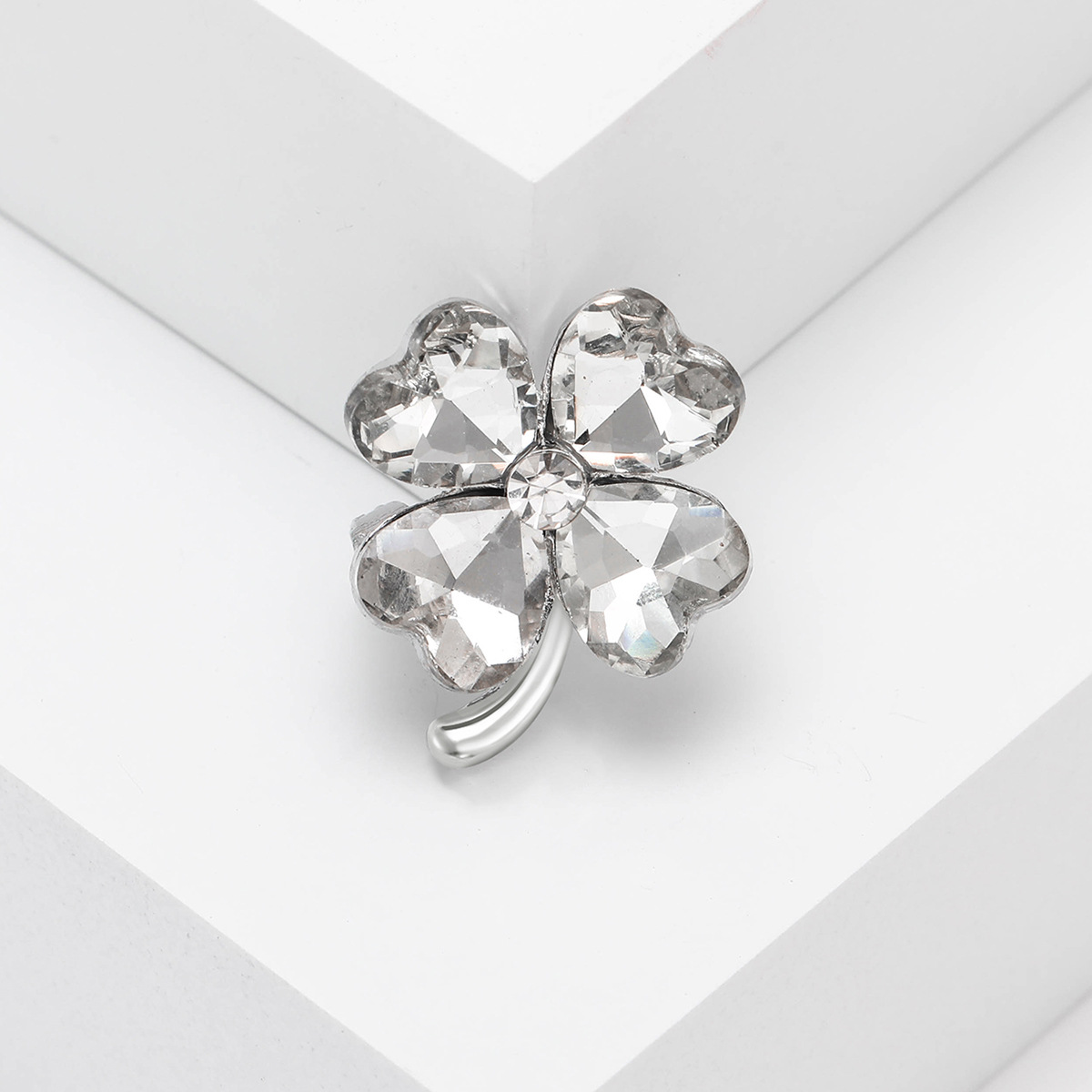 Fashion Simple And Compact Heart Shape Rhinestone Four leaf Clover Brooch White - Shop at LoveMi