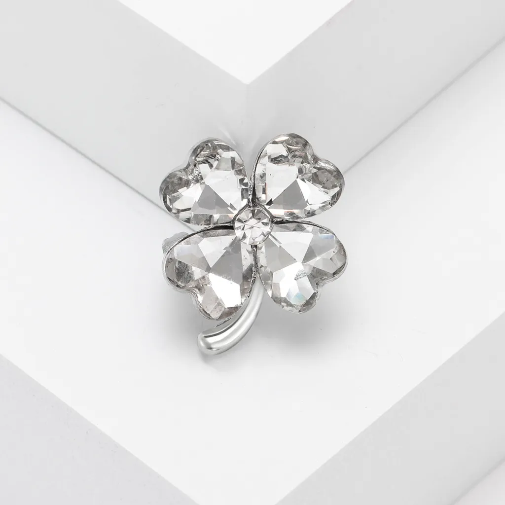 Fashion Simple And Compact Heart Shape Rhinestone Four-leaf Clover Brooch - White