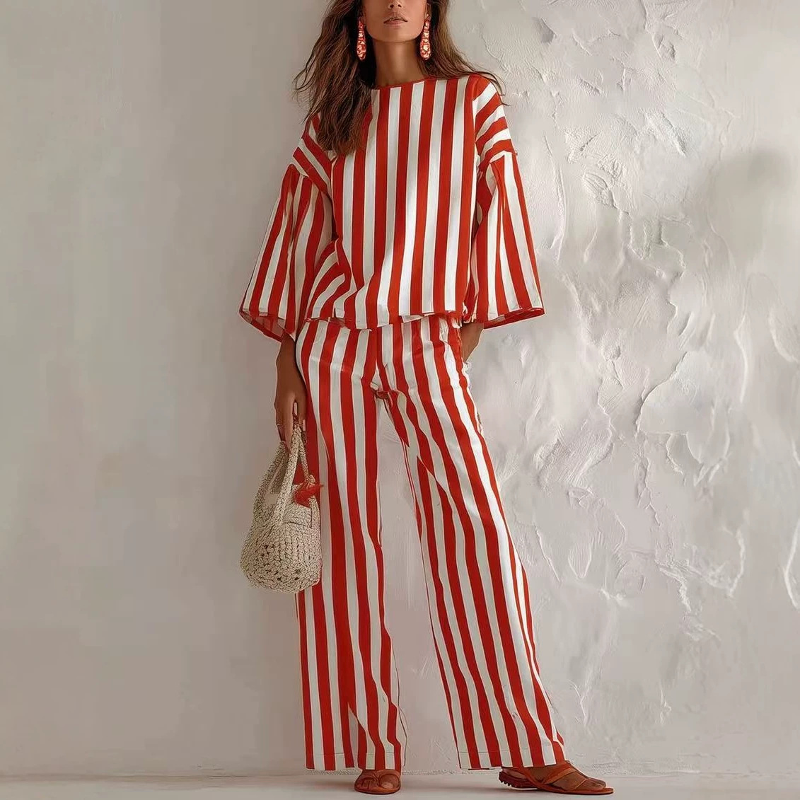 Western-style Womens Striped Set With Three-quarter-length Sleeves And A Relaxed Fit