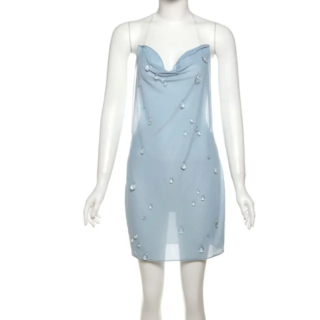 Europe And America Cross Border New Summer Women's Clothes Sexy Halter Three dimensional Water Drop Decorative Sheath Jumpsuit Skirt Blue - Shop at LoveMi