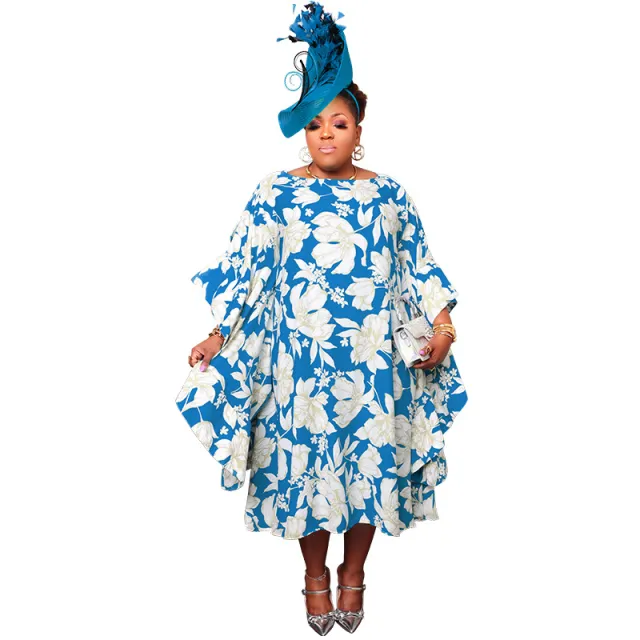 Women's Multi color Split Skirt With Kimono Sleeves Plus size Dress Blue - Shop at LoveMi