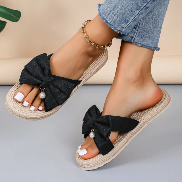 Women's Rope Bottom Solid Color Fashion Trendy Indoor Outdoor Bowknot Slippers Black - Shop at LoveMi