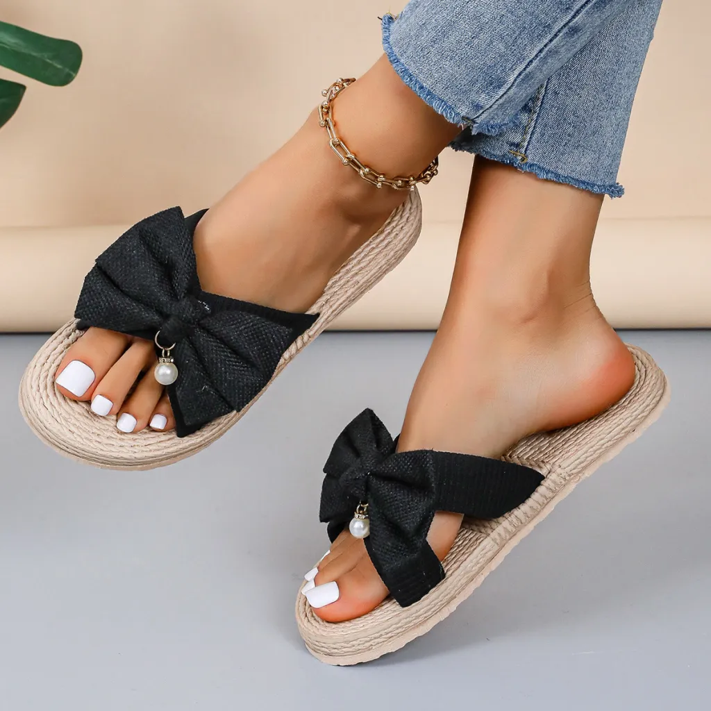 Women's Rope Bottom Solid Colour Fashion Trendy Indoor Outdoor Bowknot Slippers - Black