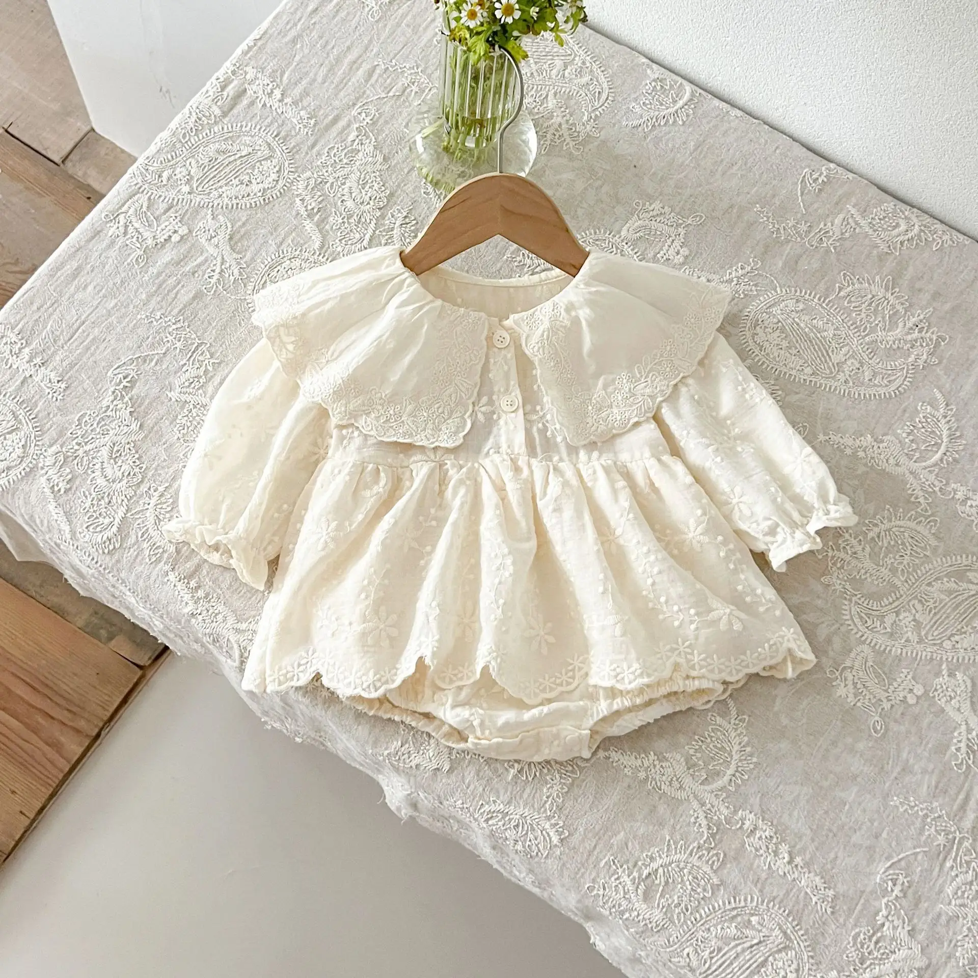 Embroidered Lace Collar Long Sleeve Baby's Gown