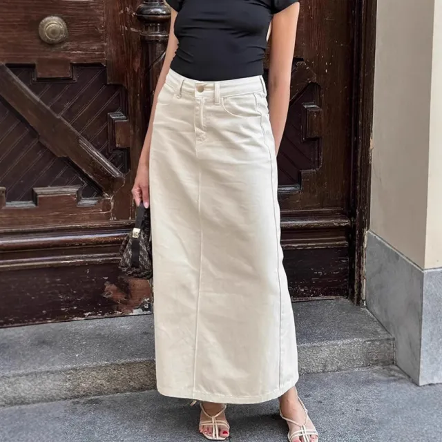 High Waist Slit Workwear Denim Skirt Women's Clothing Beige - Shop at LoveMi