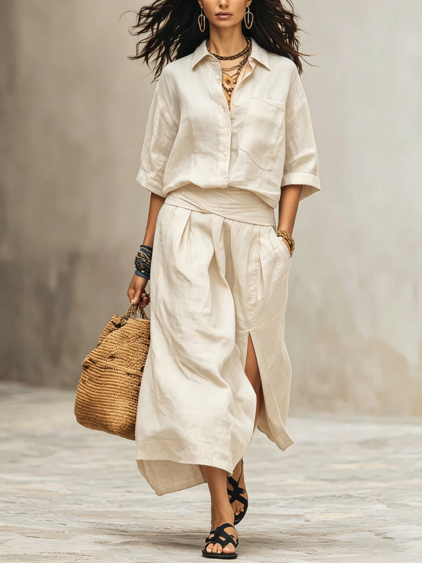 Three-quarter-sleeve Shirt And High-waisted Slit Skirt Two-piece Set