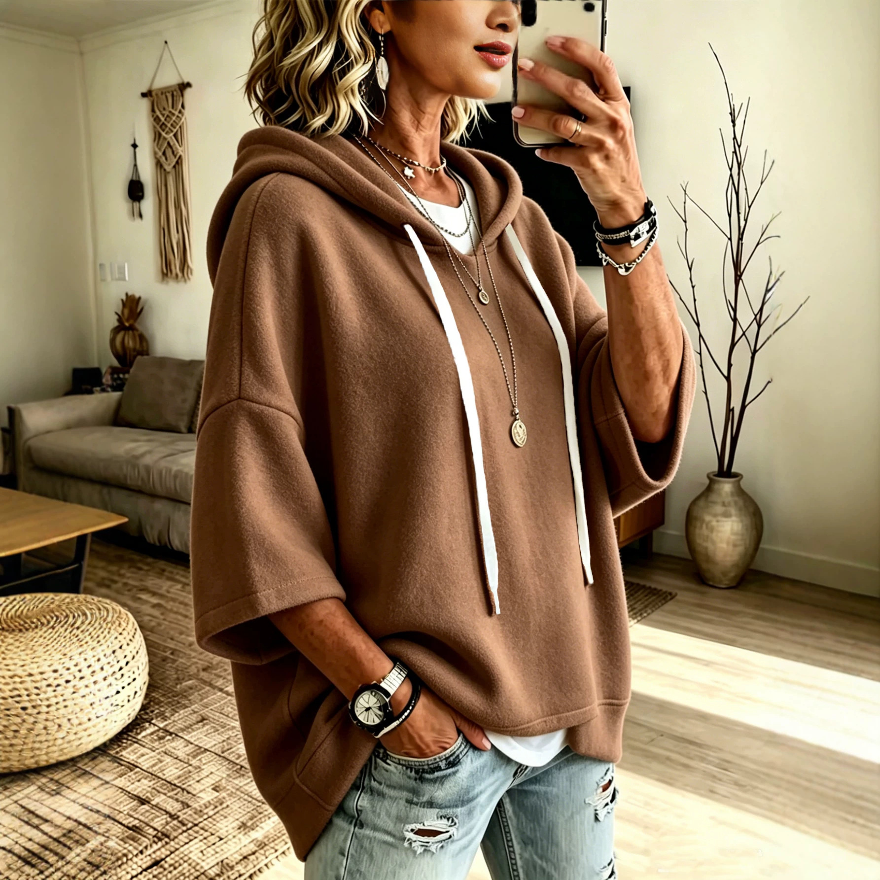 Womens Loose-fitting Hooded Top With Three-quarter Sleeves — foto 4