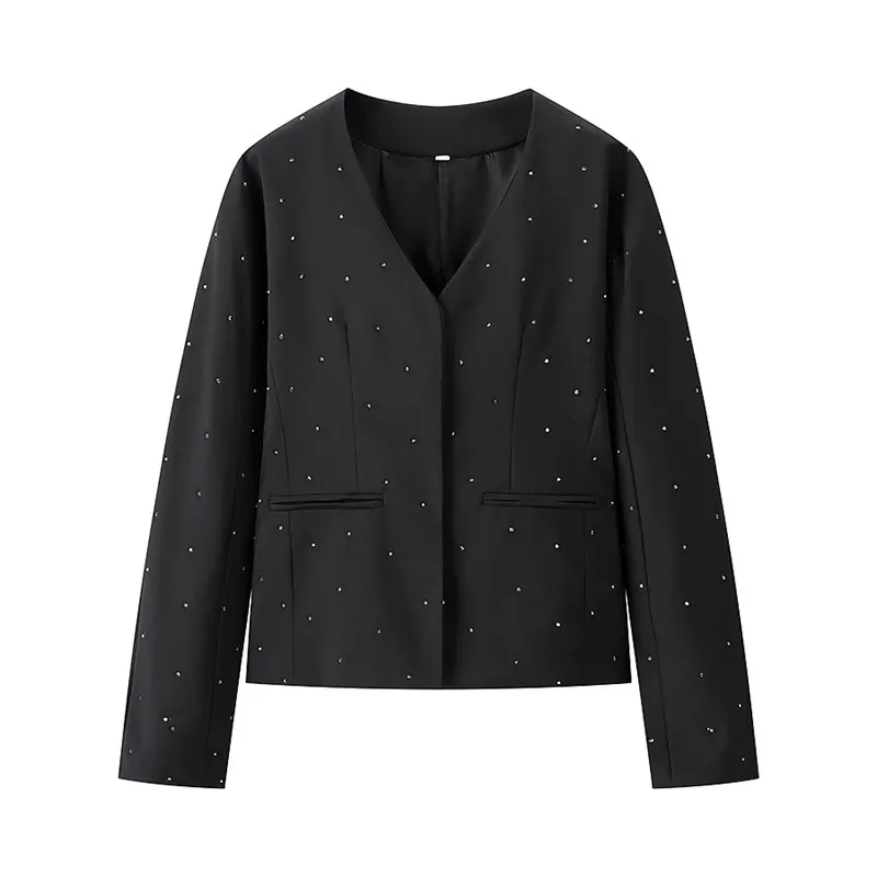 Stylish Simple And Versatile Loose V-neck Diamond Jacket - Picture Color-L