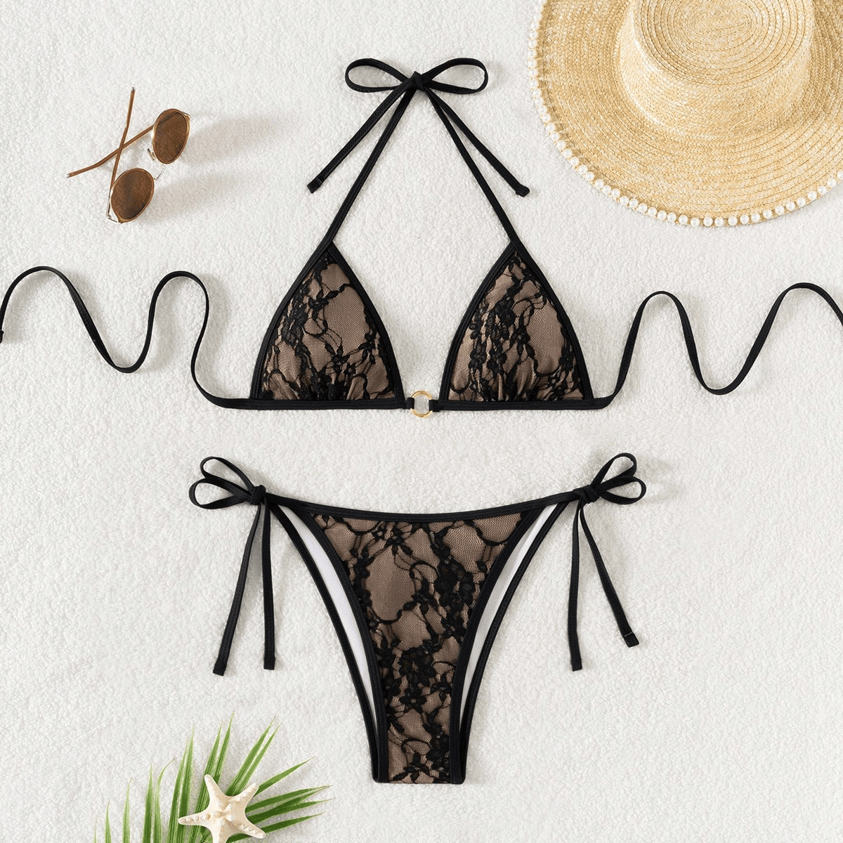 Sexy Slimming Backless Lace Triangle Bikini Set With Straps