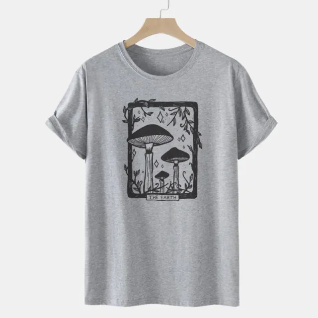 Printed Round Neck Loose Short Sleeves T shirt Gray - Shop at LoveMi