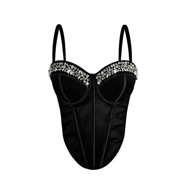 New Rhinestone Mesh Corset Fishbone Waist Sexy Backless Suspender Black - Shop at LoveMi