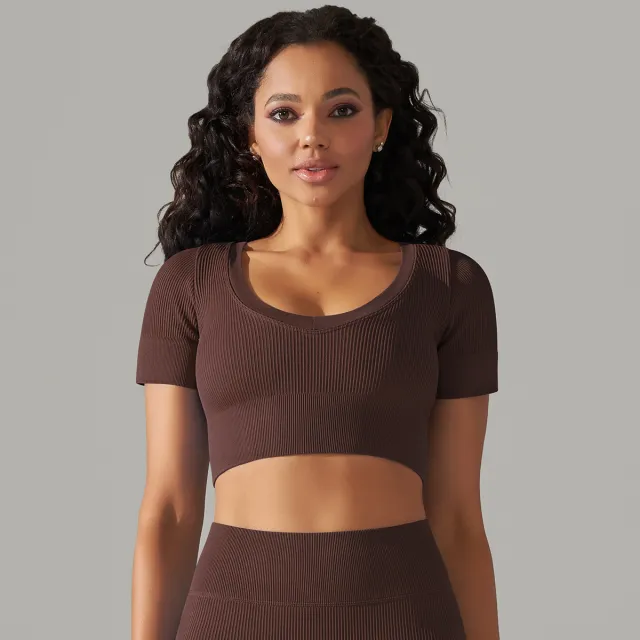 Seamless Rib Solid Color Sexy Beauty Back Yoga Clothes Sports Running Fitness Coffee - Shop at LoveMi