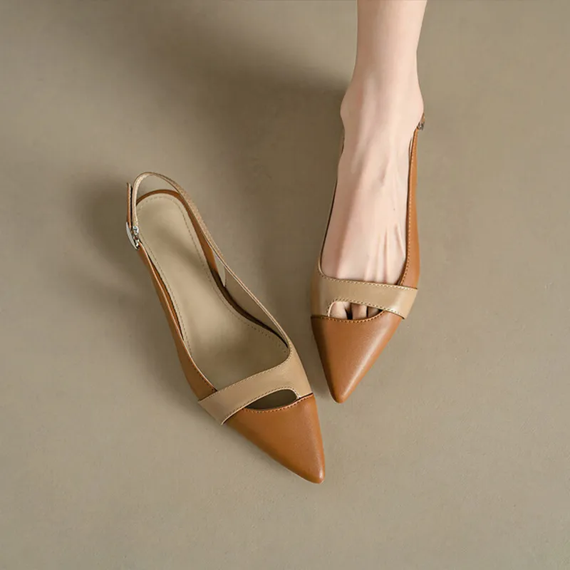 Closed Toe French Style Temperament Pumps Retro Color Matching Pointed Toe Flat Shoes Back Empty Summer Women's Fashion Sandals With Skirt - Red