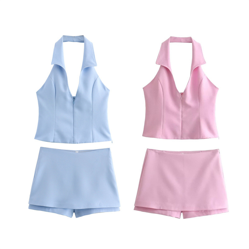 Sweet And Spicy Style Backless Slim Fit Shirt Hanging Collar Top Low Waist Skirt Pants