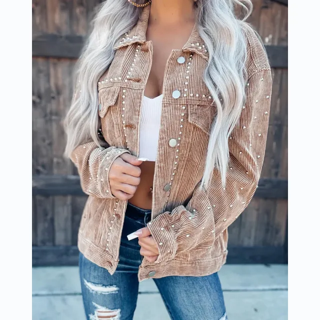 Women's Fashionable Corduroy Short Coat Khaki - Shop at LoveMi