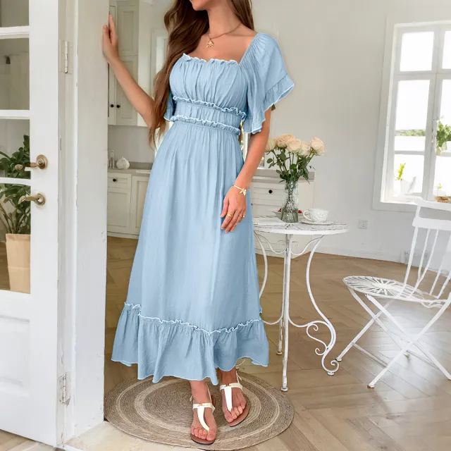 European And American Leisure Vacation Style Stringy Selvedge Short Sleeve Dress Blue - Shop at LoveMi
