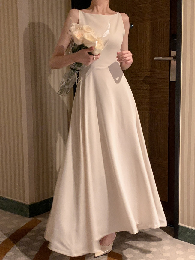 Off shoulder Sleeveless Waist Slimming Dress Apricot Beige - Shop at LoveMi