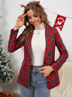Women's Autumn And Winter Christmas Red Plaid Coat Top - Red - View 1
