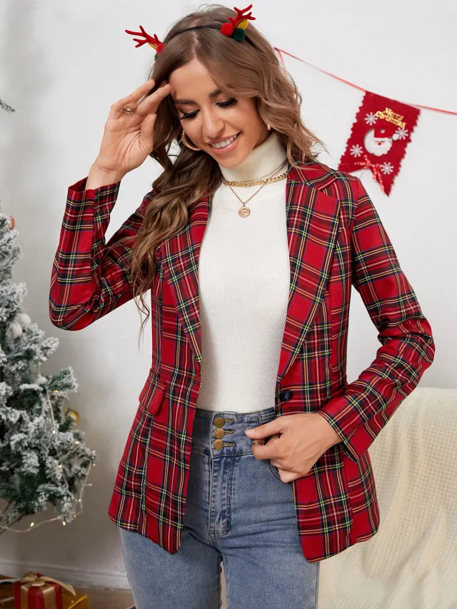 Women's Autumn And Winter Christmas Red Plaid Coat Top Red - Shop at LoveMi