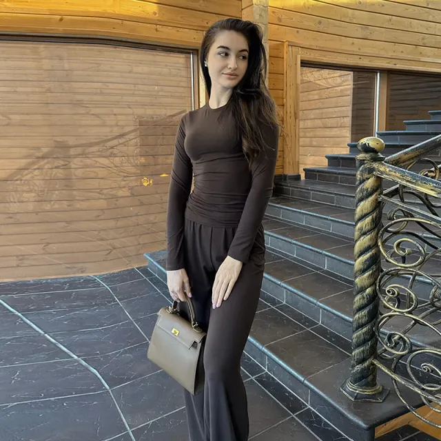 European And American Solid Color Long sleeved Top Wide Leg Pants Suit Women Brown - Shop at LoveMi