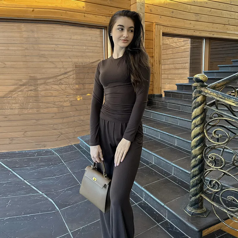 European And American Solid Color Long-sleeved Top Wide Leg Pants Suit Women - Brown