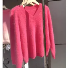 Mink Sweater Female Winter Thickened Autumn Clothes - Rose Red V Neck - View 1