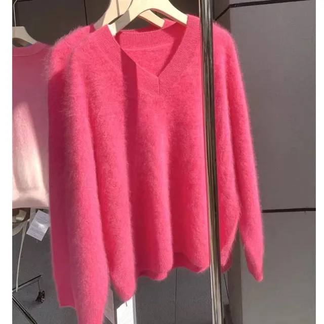 Mink Sweater Female Winter Thickened Autumn Clothes Rose Red V Neck - Shop at LoveMi