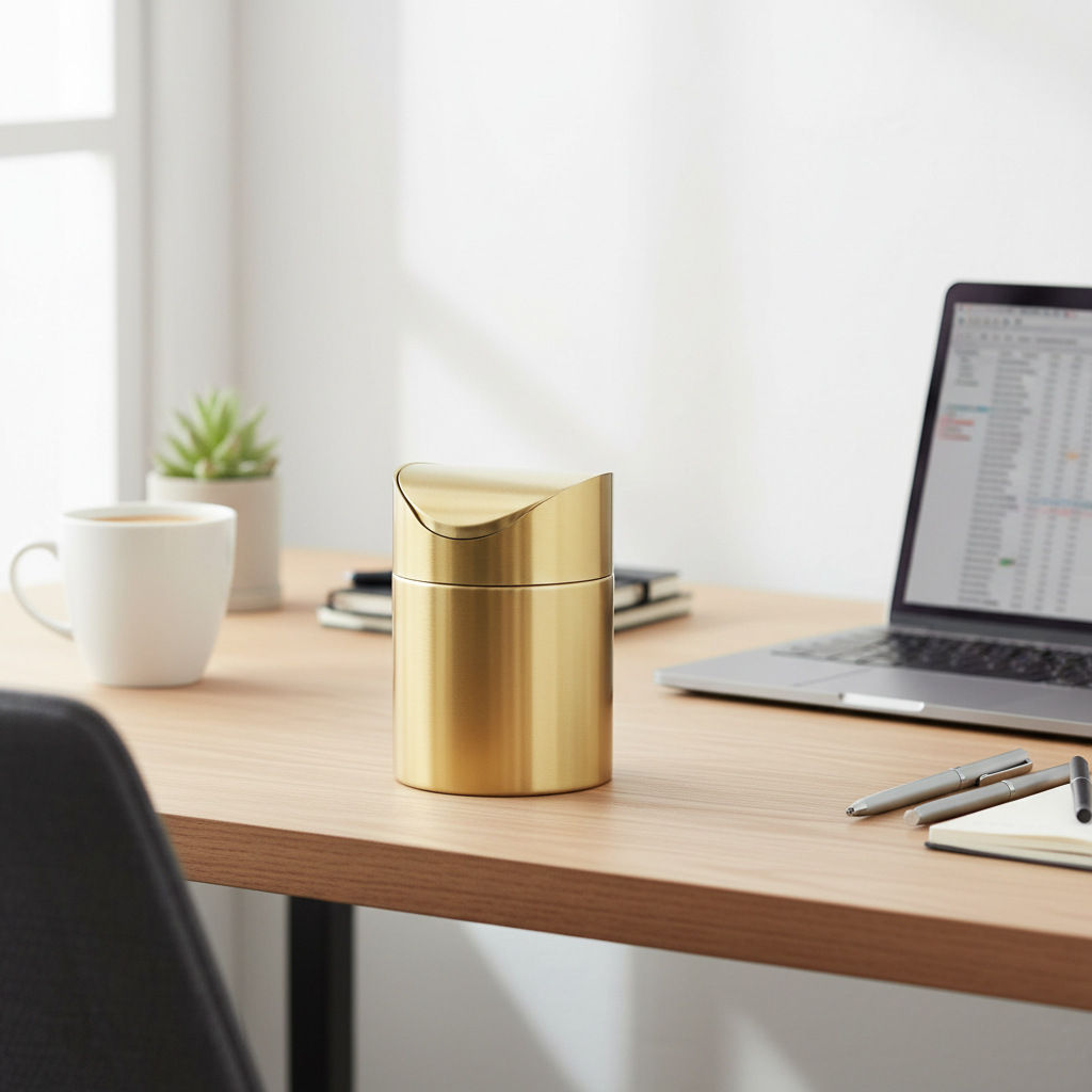 Golden Desktop Trash Can Creative Mini Trash Bin With Lid