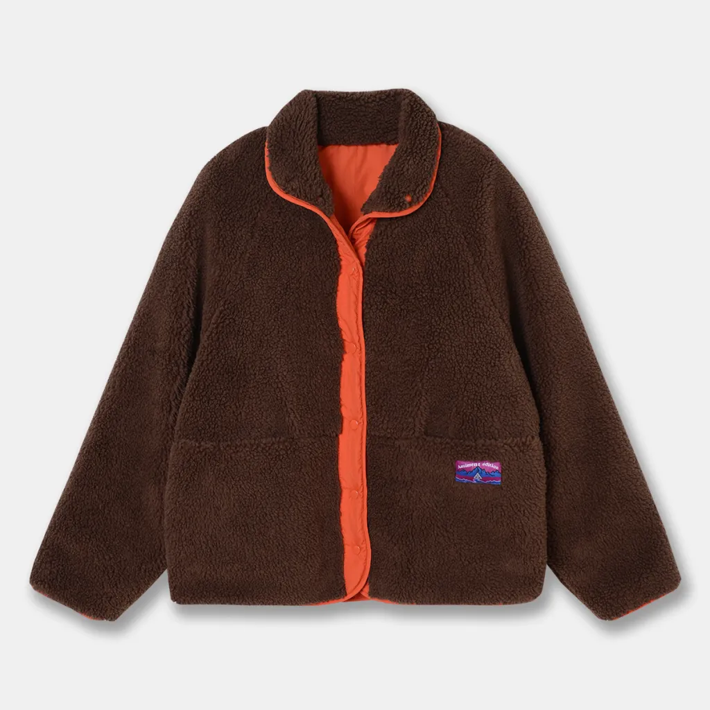 Thick Lamb Wool Coat For Women Winter New Korean Style Loose Contrast Color Front And Rear Wear Polar Fleece Stand Collar Top - Brown