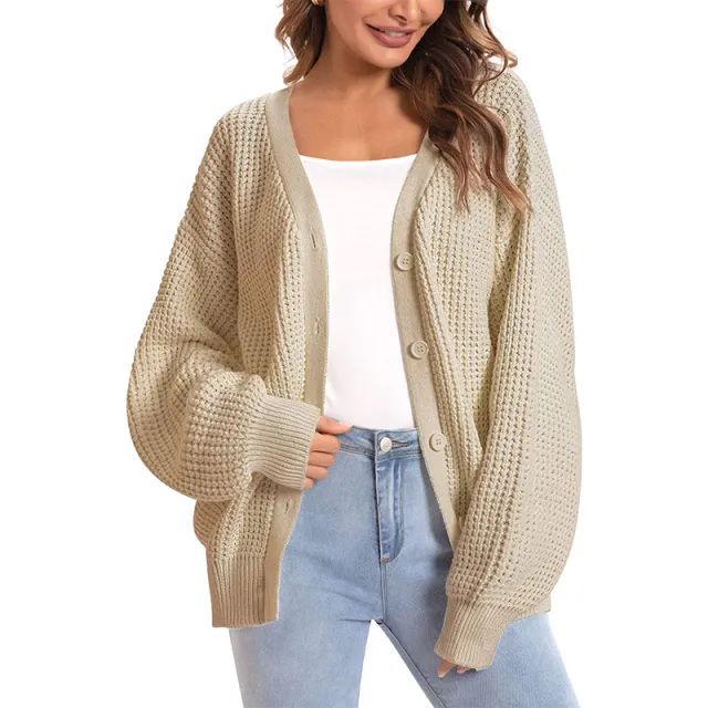 Women's Mid length V neck Knitted Cardigan Sweater Khaki - Shop at LoveMi