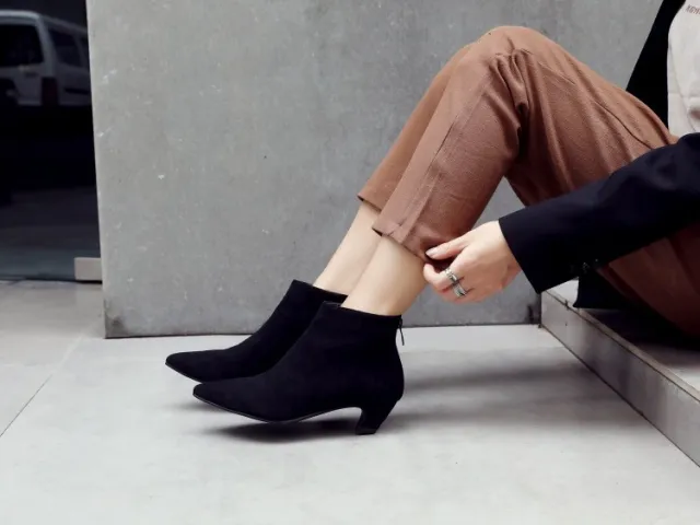 Large Size Mid Heel Pointed Ankle Boots Women Black - Shop at LoveMi