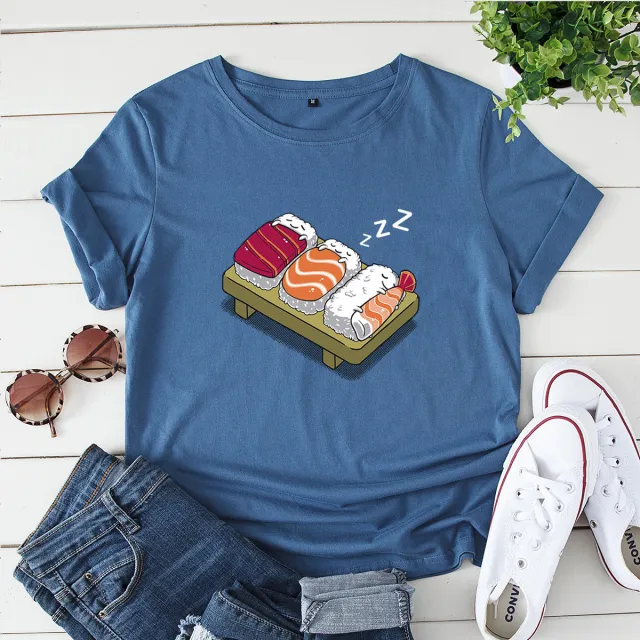 Women's Loose Round Neck Evil Sushi Short Sleeve T shirt Blue - Shop at LoveMi