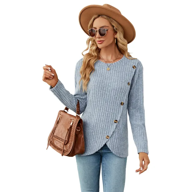 Women's Long sleeved Round Neck Tulip Hem Bottoming Shirt T shirt Blue - Shop at LoveMi