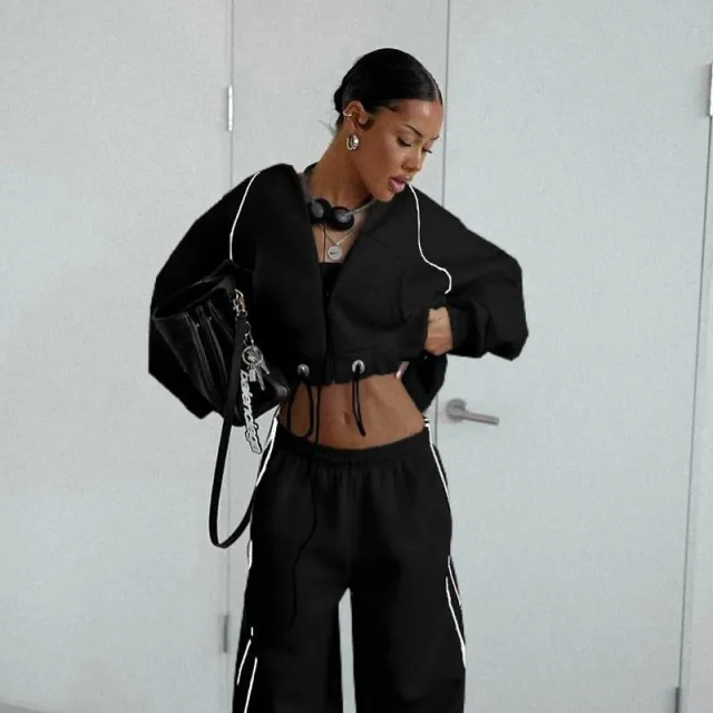 Womens Fashion Color block Lined Hooded Zip up Top And Pants Casual Loose fitting Set Black - Shop at LoveMi