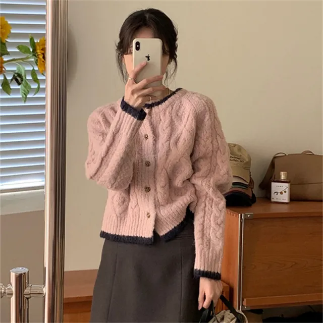 Round Neck Sweater Coat Autumn And Winter Loose And Lazy Style Short Small Knitted Cardigan Pink - Shop at LoveMi