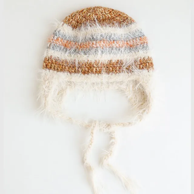 Rabbit Hair Plush Hat Korean Style Ins Warm Earflaps Cap Lace up Cold proof Striped Knitted Woolen Cap Winter Beige - Shop at LoveMi