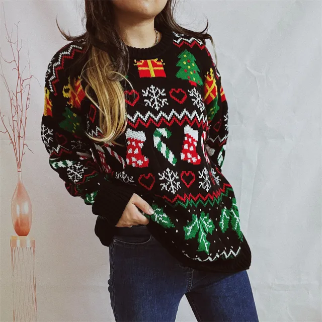 Women's Stylish Loose Round Neck Long sleeved Sweater Black - Shop at LoveMi