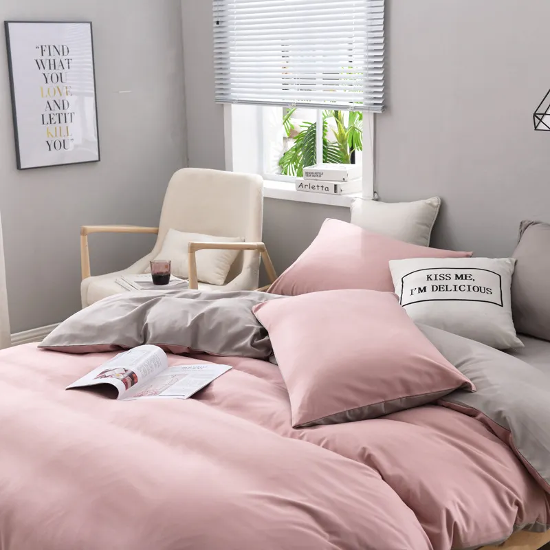 Solid Colour Bedding Quilt Cover Four-piece Set Three-piece Bed Sheet Set - Pink Colour Light Grey