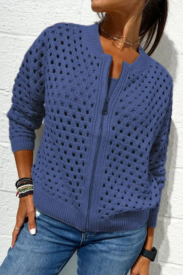 European And American Leisure Hollow Knitted Zipper Jacket Women's Coat Blue - Shop at LoveMi